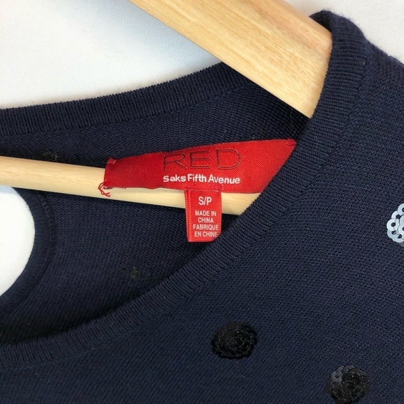 Saks Fifth Ave Navy Blue with Black‎ Sequined Polkadots Keyhole Sweater - Picture 2 of 5